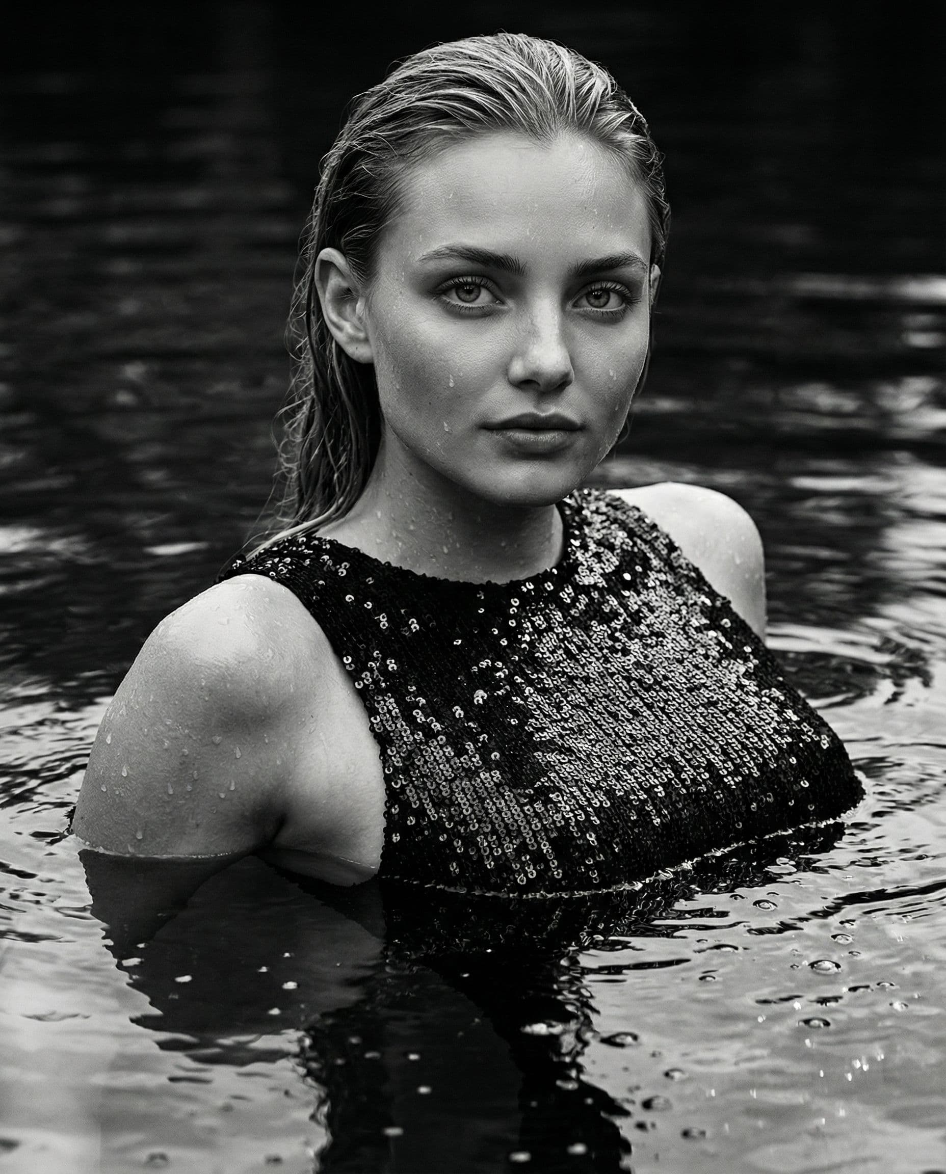AI generated: a black and white photo of a woman in the water, mert and marcus, drops, kristine froseth, carola ru...