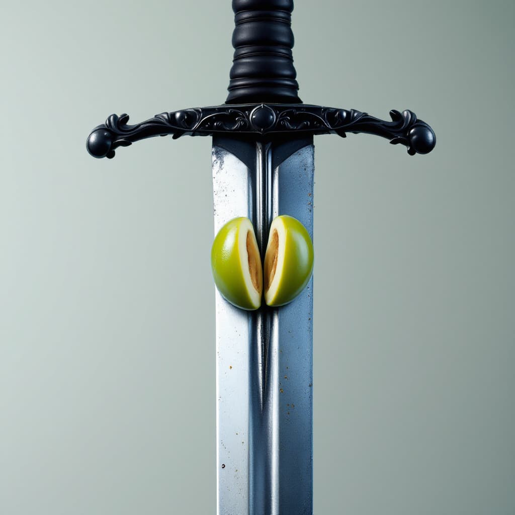 AI generated: Green olive seed pierced in half with a medieval sword, medium-close-up shot, hyper-realistic, photo...