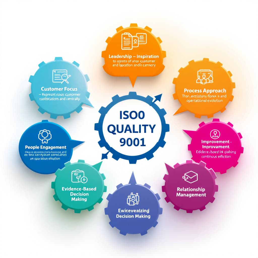 AI generated: "Generate a visually striking image that represents the 7 Quality Principles according to ISO 9001. ...