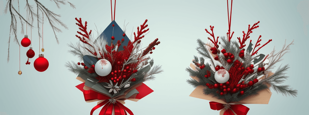 AI generated:  sky, branches, cones, red winter berries, cinnamon sticks, New Year's balls and spruce branches. co...