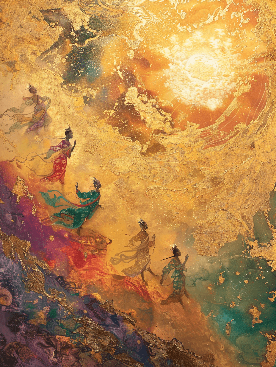 AI generated: Kizil Grottoes murals, paintings, heavy color paintings, 13 Bodhisattvas, dancing to music, fairy cl...