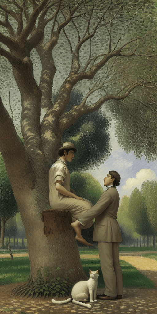 AI generated: Pissarro himself stands near a tree and looks at the cat sitting near his feet, side view, realism, ...