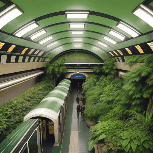 AI generated:  subway station covered with plants, overview