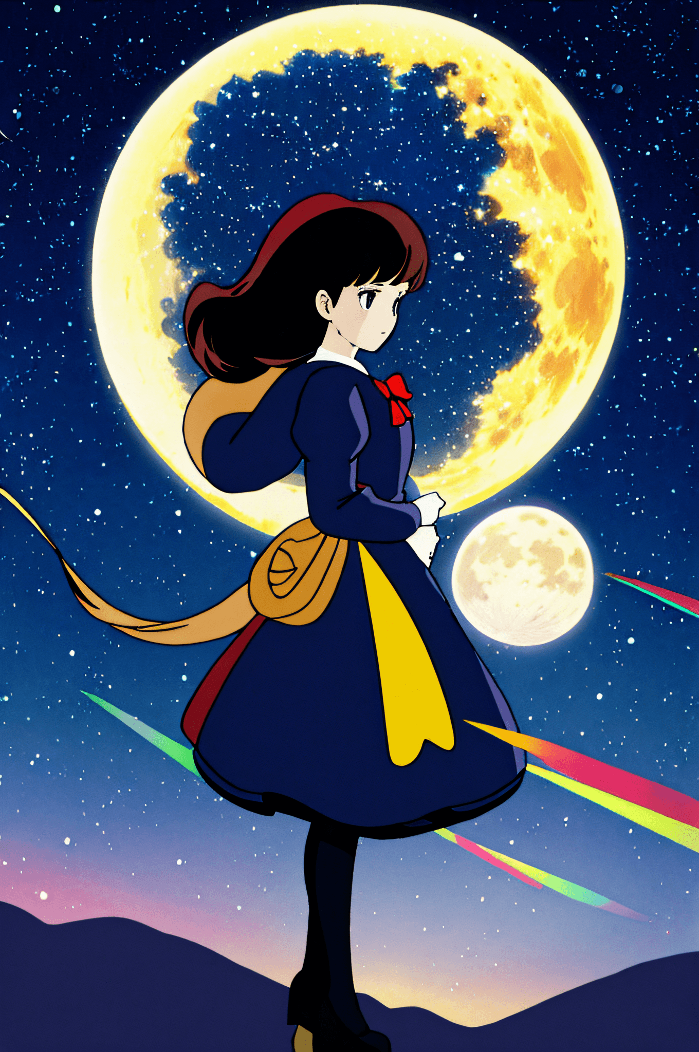 AI generated: 1girl, solo, long hair, dress, star \(symbol\), long sleeves,very long hair, black footwear, shoes, ...