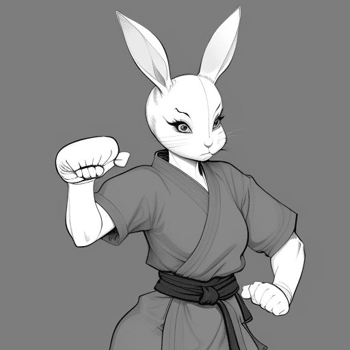 AI generated: sketch, no color, cartoon, line art, 2D, rabbit woman, monk, martial arts punch