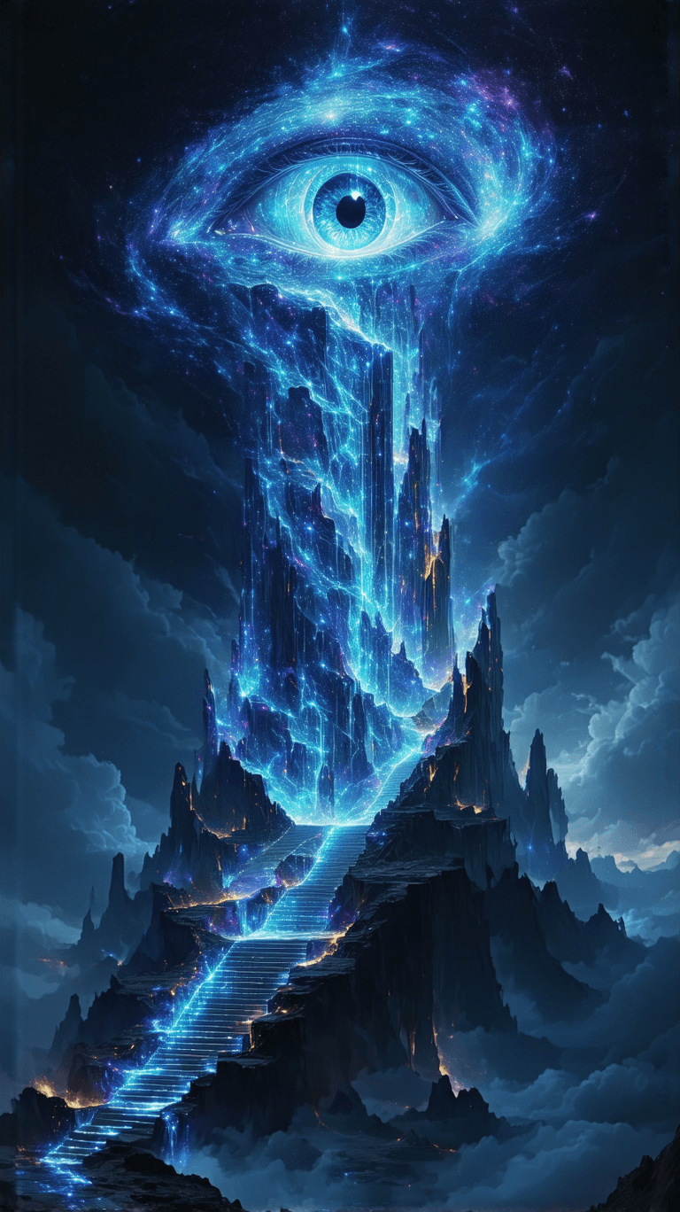 AI generated: A colossal crystalline tower, woven from liquid gold and neon threads of fate, fractures into infini...