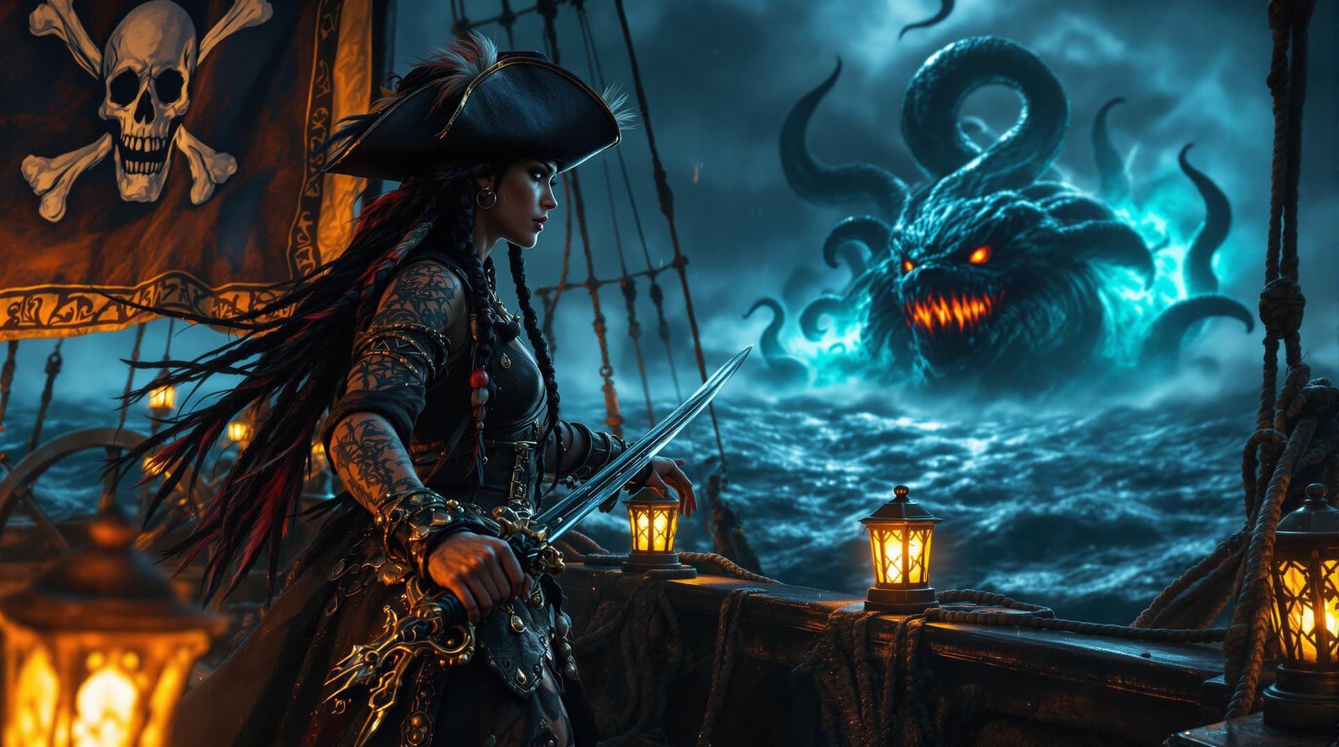 AI generated: The tempest raged, and the sea churned like an angry beast. Amidst the chaos, a commanding figure st...