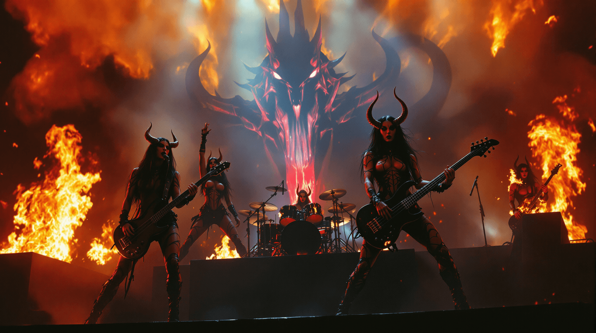 AI generated: A wide-angle concert scene, reminiscent of Beksiński's dark mysticism and Giger's biomechanical nigh...