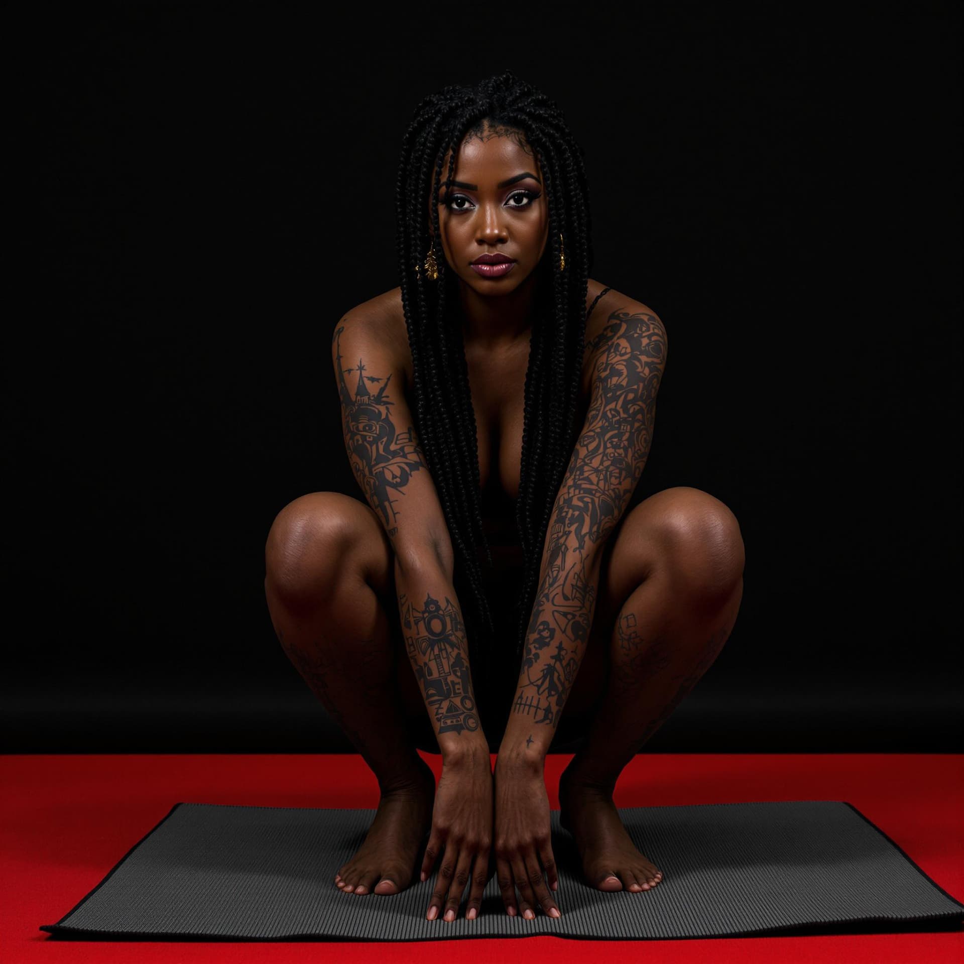 AI generated: a woman with tattoos on her arms and knees squatting on a mat with a black background and a red carp...