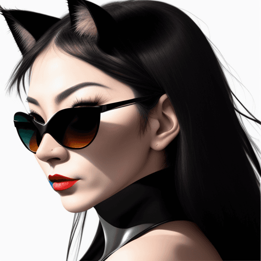 AI generated: front portrait Photography, a woman's face in an Asian cat woman mask with sunglasses, emerges from ...
