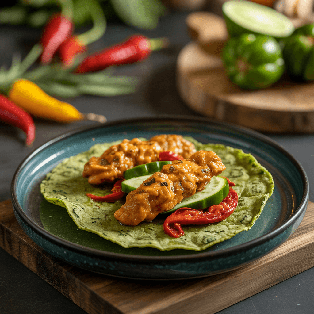 AI generated: food photography, Nopal Tortillas with chicken fingers and pimientos, in a luxurious Michelin kitche...