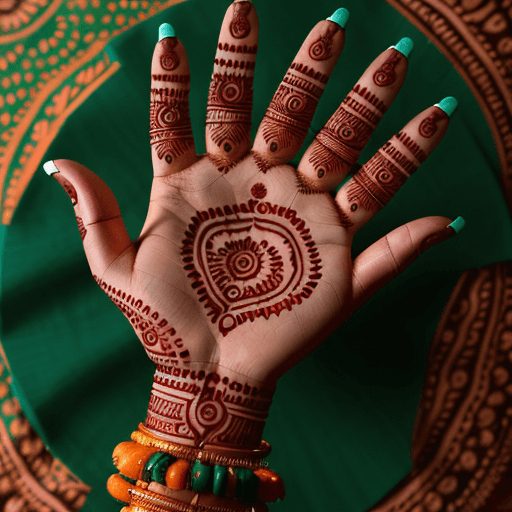 AI generated: a beautiful Indian bride in traditional wear showing her hands and henna designs, photorealistic, ul...