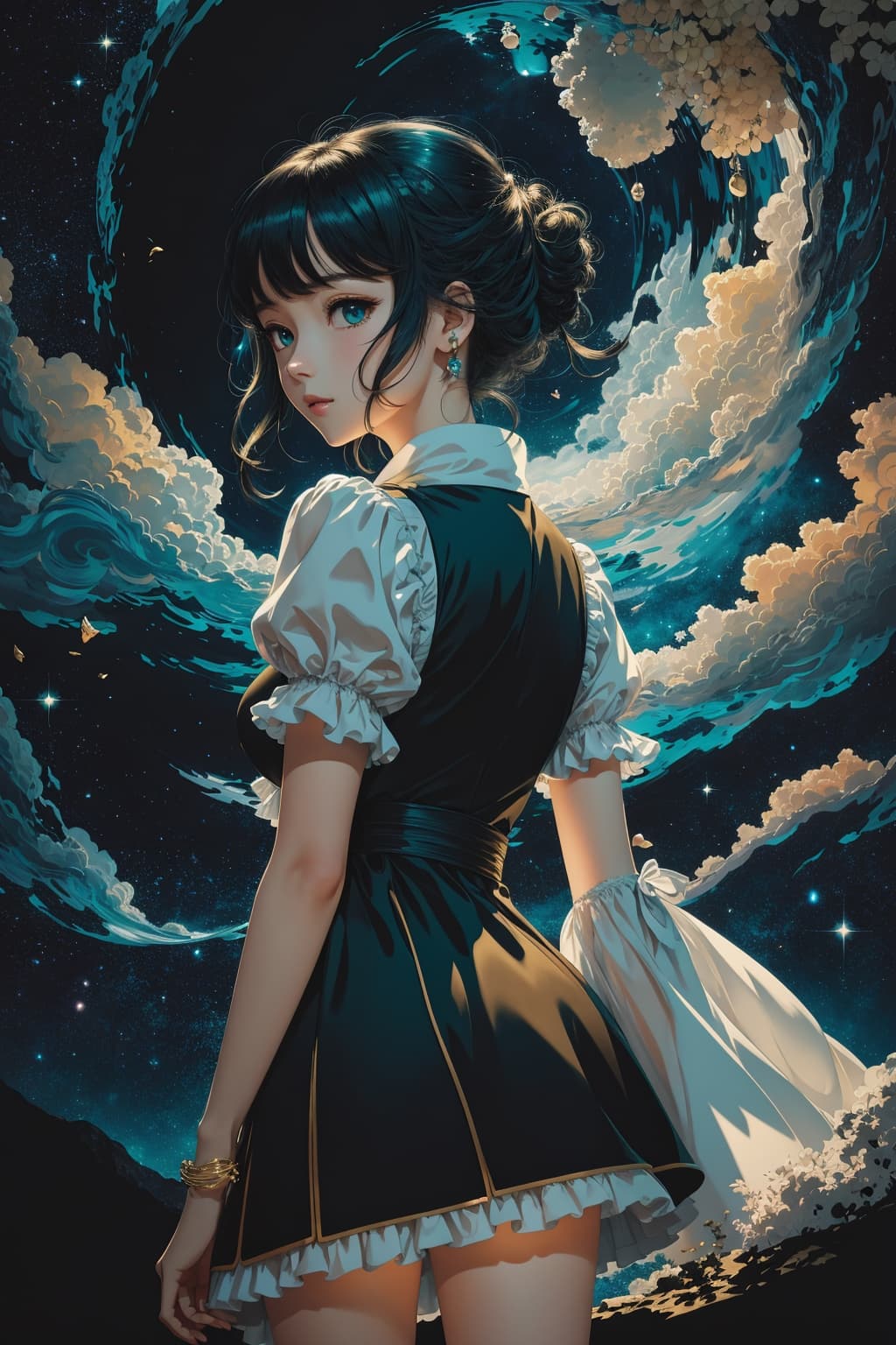 AI generated: illustration portrait, negative moon cloud starry night theme design contrast teal color background,...
