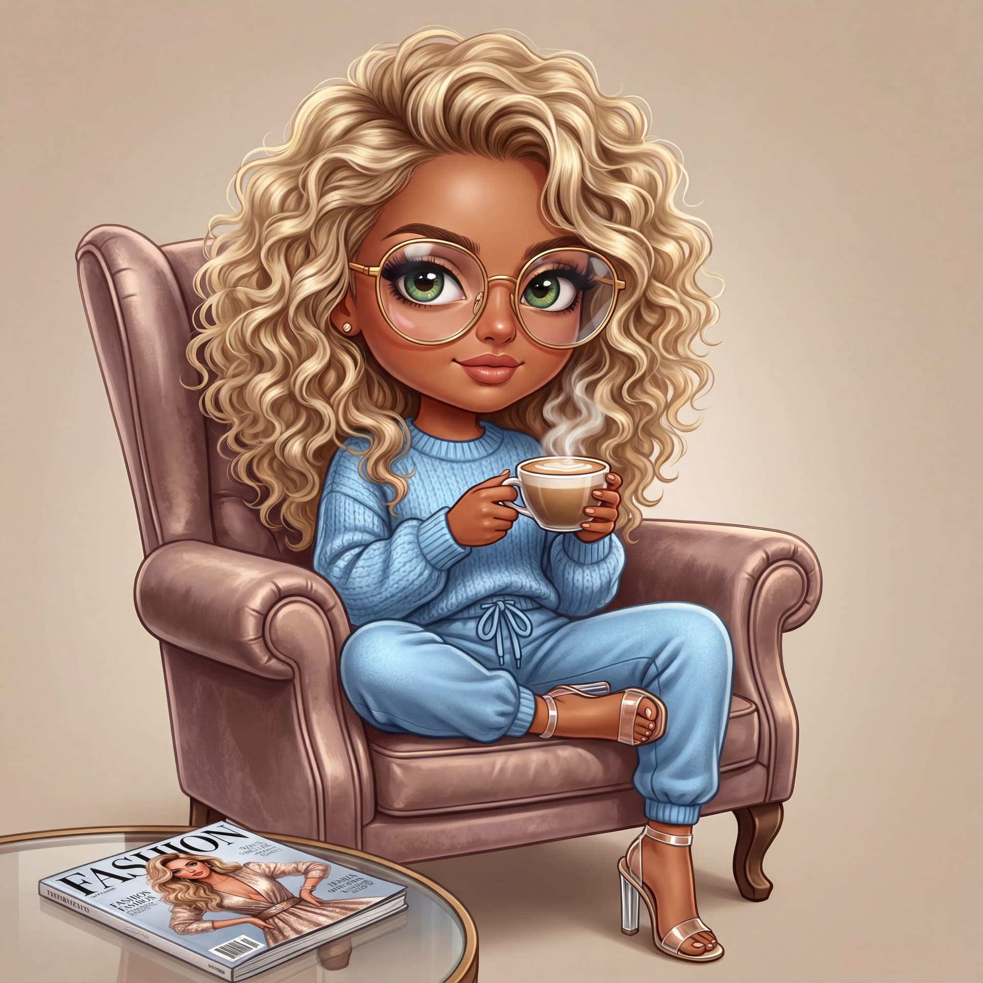 AI generated: European appearance realistic 18k airbrush chibi illustration of a beautiful glamorous quirky cartoo...
