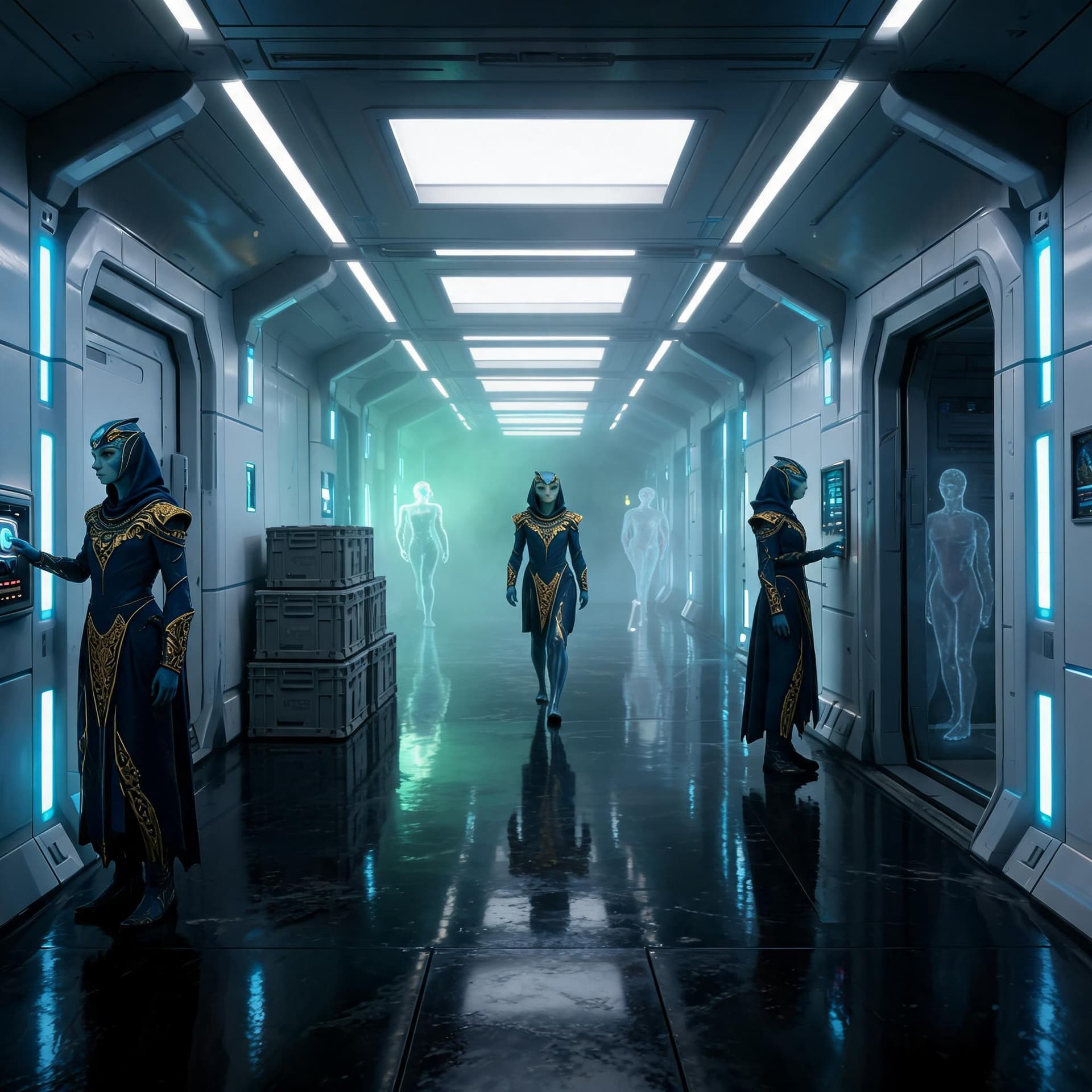 AI generated: A tense cinematic science-fiction corridor scene inside a futuristic lunar research base. In the for...