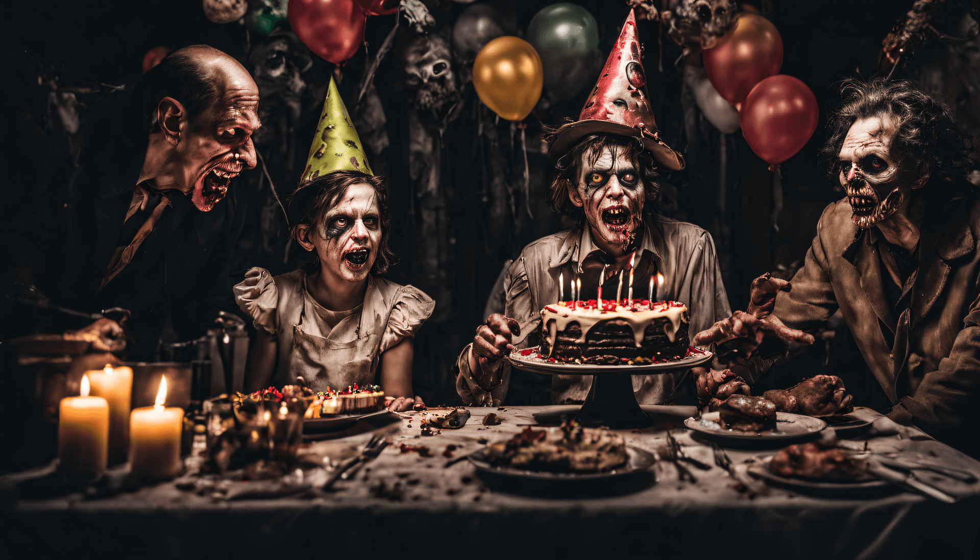 AI generated: A creepy zombie birthday party with several guests .Various scenes.A zombie with a party hat blows o...