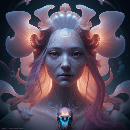 AI generated: Goddess close-up portrait ribcagel. jellyfish phoenix head, nautilus, orchid, skull, betta fish, bio...