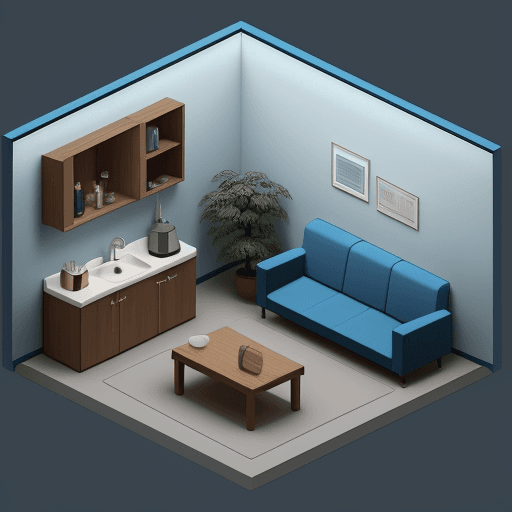 AI generated: medium rest room, in a blue tone, with sofa, bench with coffee, simple corporate environment, televi...
