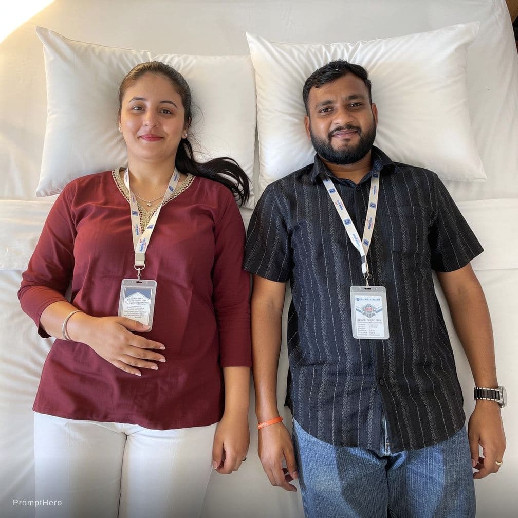AI generated: Create a high-resolution photograph of a fit adult woman lying on her back in a bed covered with pri...