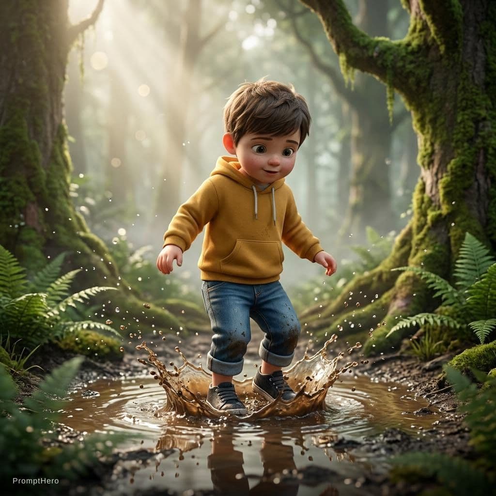 AI generated: Cute stylized 3D little boy standing in a shallow muddy puddle in a misty forest, close-up on boots ...