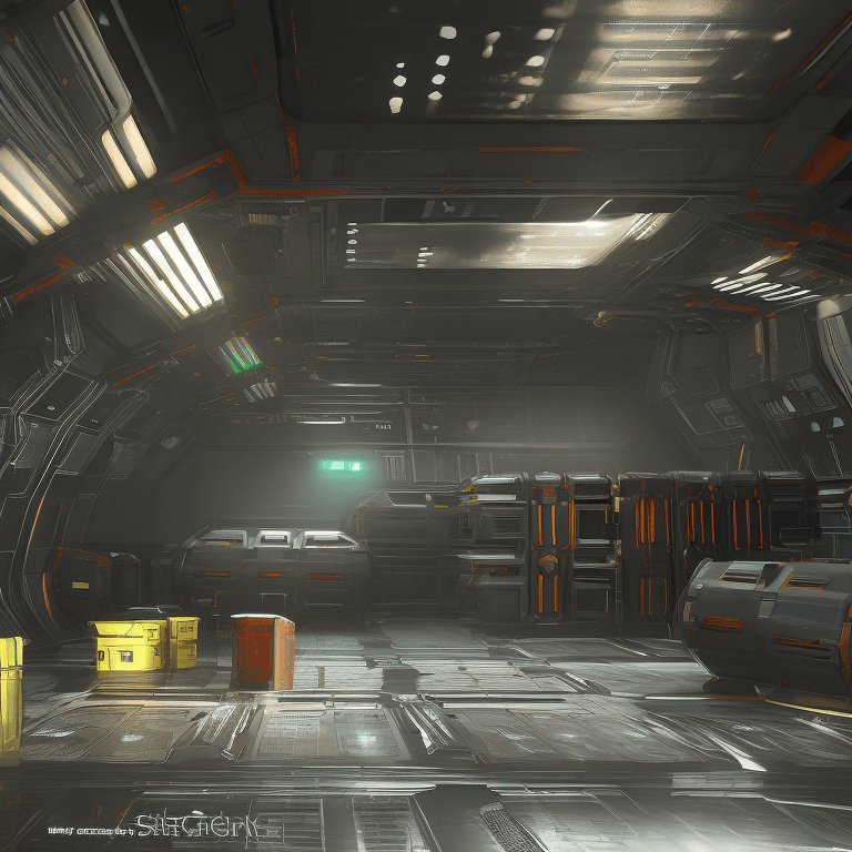 AI generated: sci-fi hangar interior concept art, crates and barrels, starfighter disassembled, droid, ceiling win...