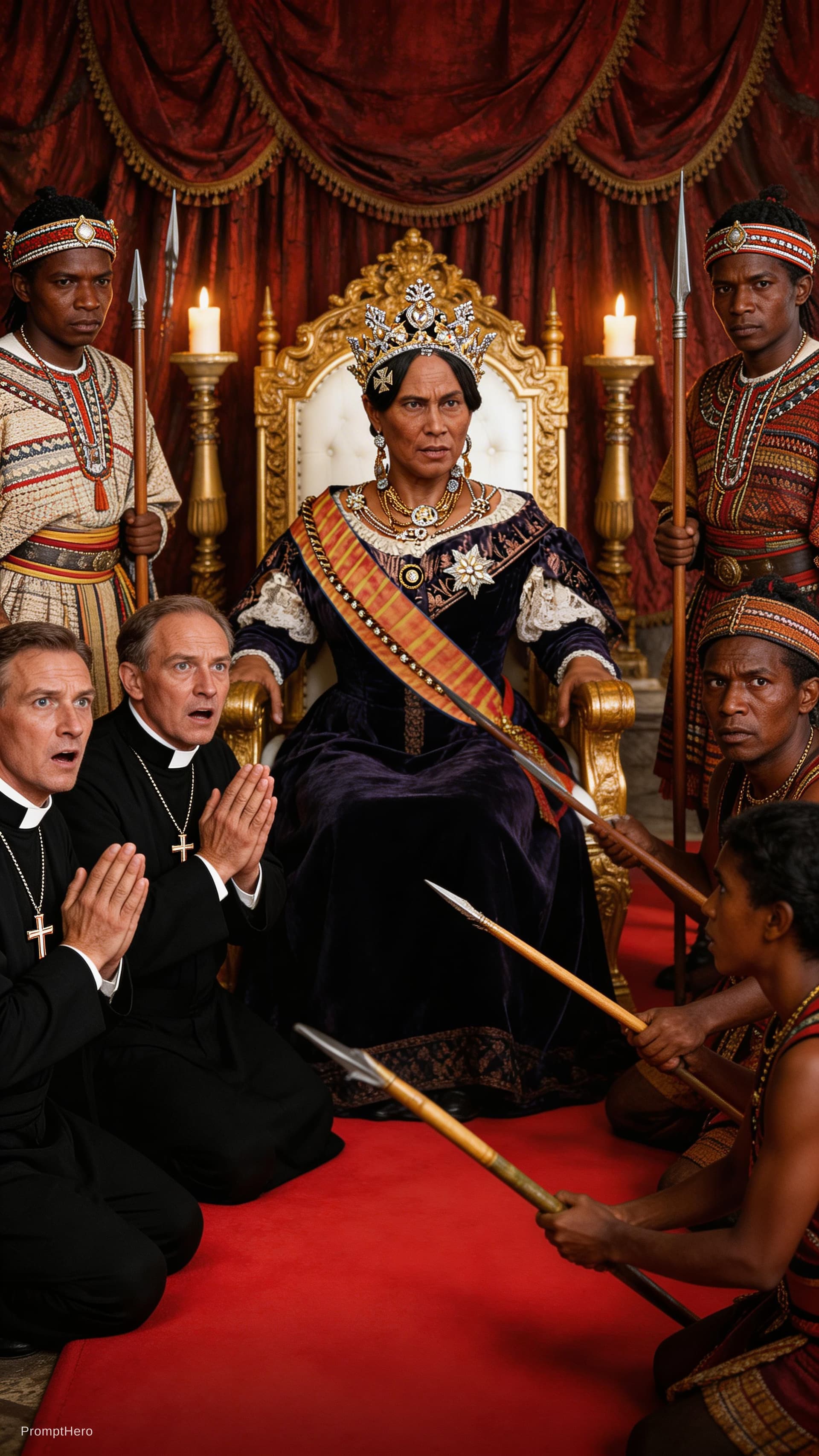 AI generated: make her sit on a throne in ancient madagascar royal palace next to her black servants who have trad...