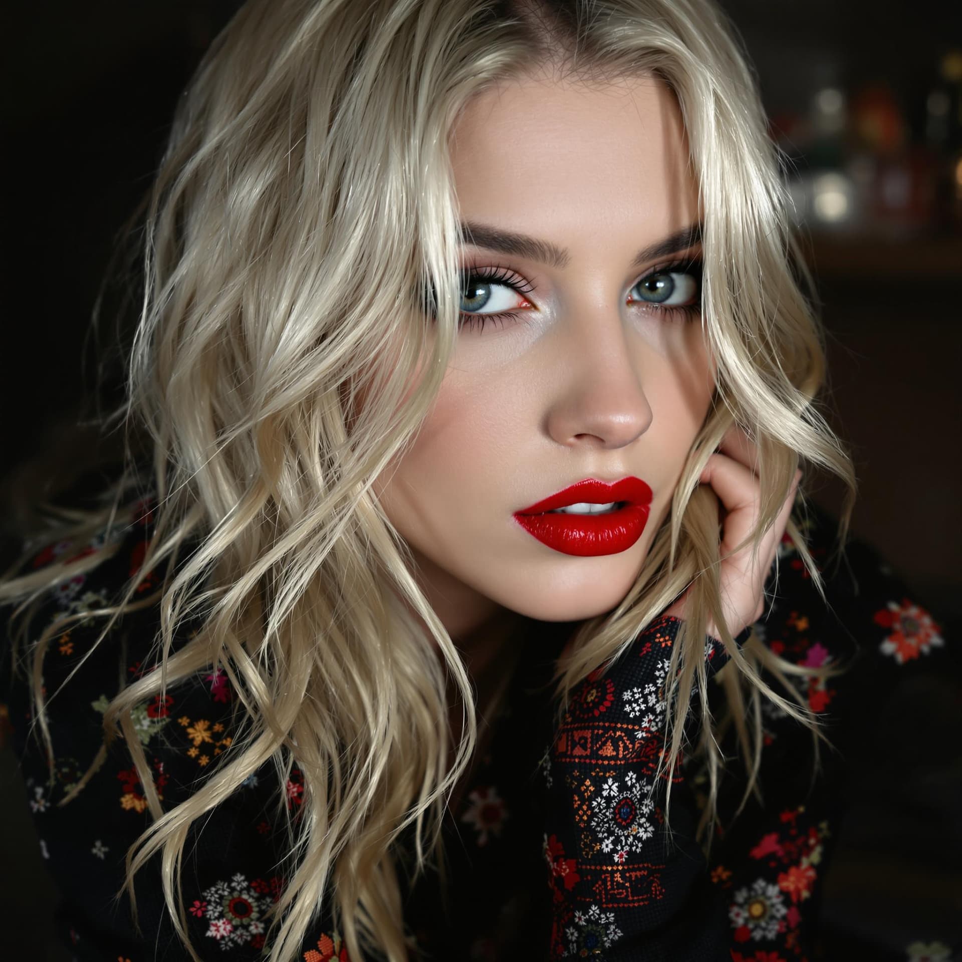 AI generated: white skin blonde with skinny hot face red lips and a hot skinny legs