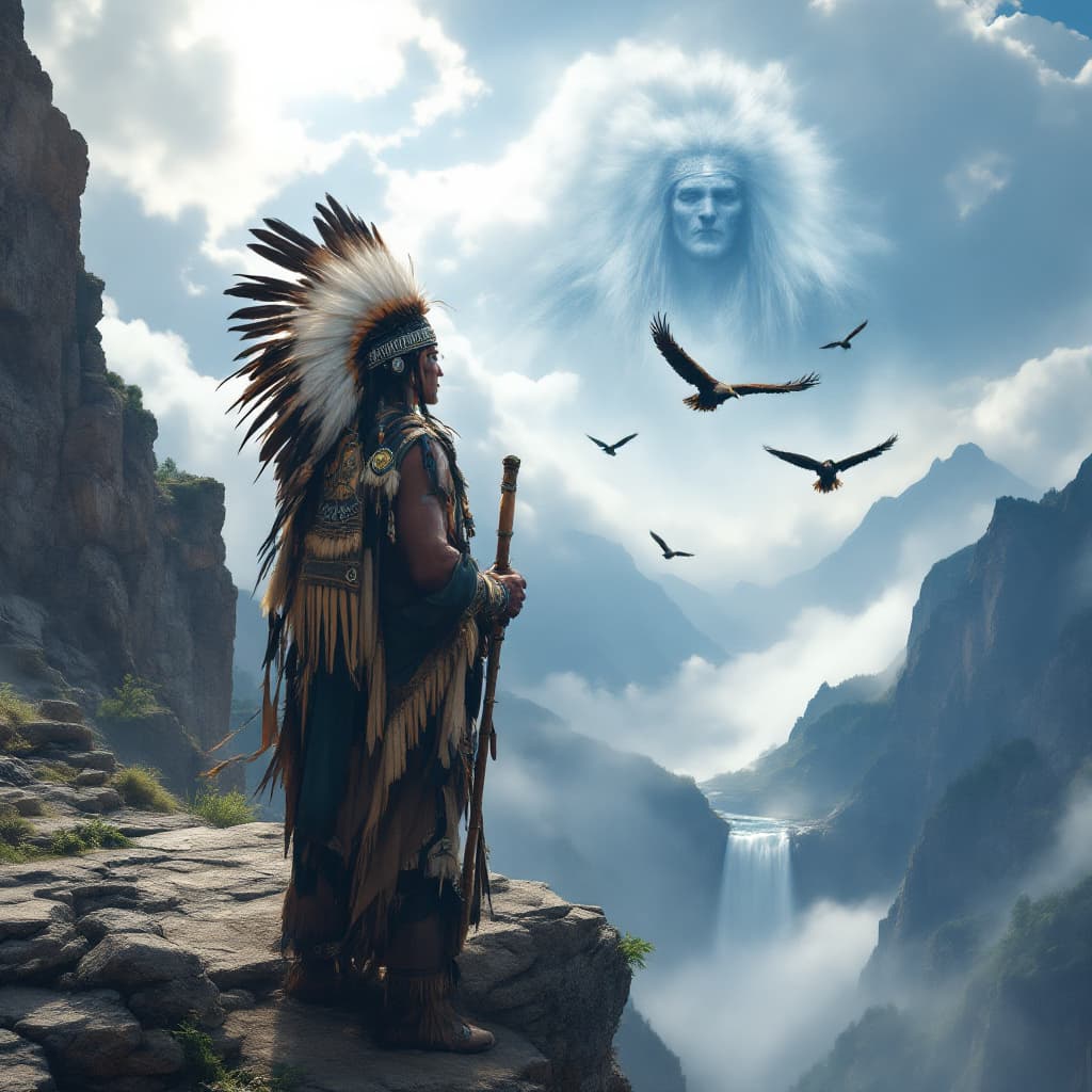 AI generated: A Native American chief with eagles headdress, in traditional Algonquin attire holding a calumet pip...