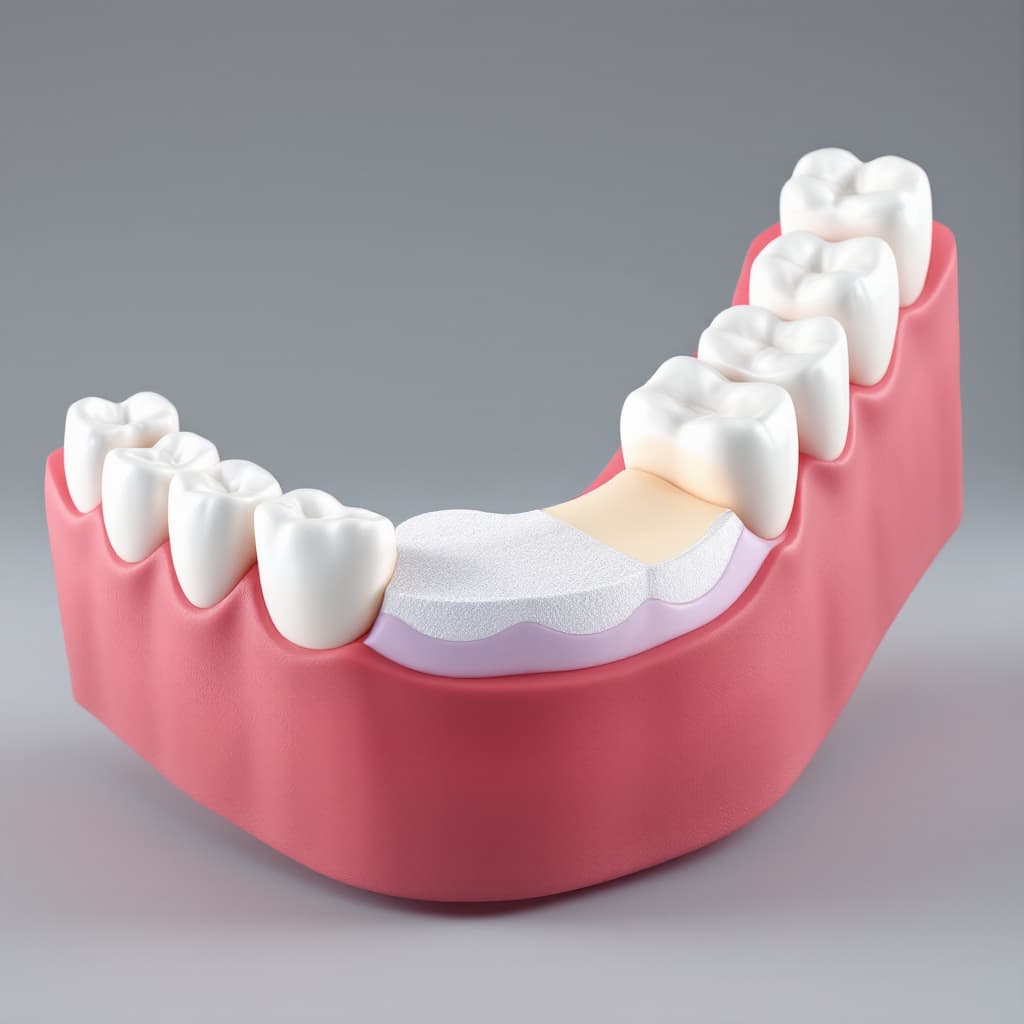 AI generated: Hyperrealistic 3D medical and educational image showing a bone regeneration procedure in the jaw. Th...