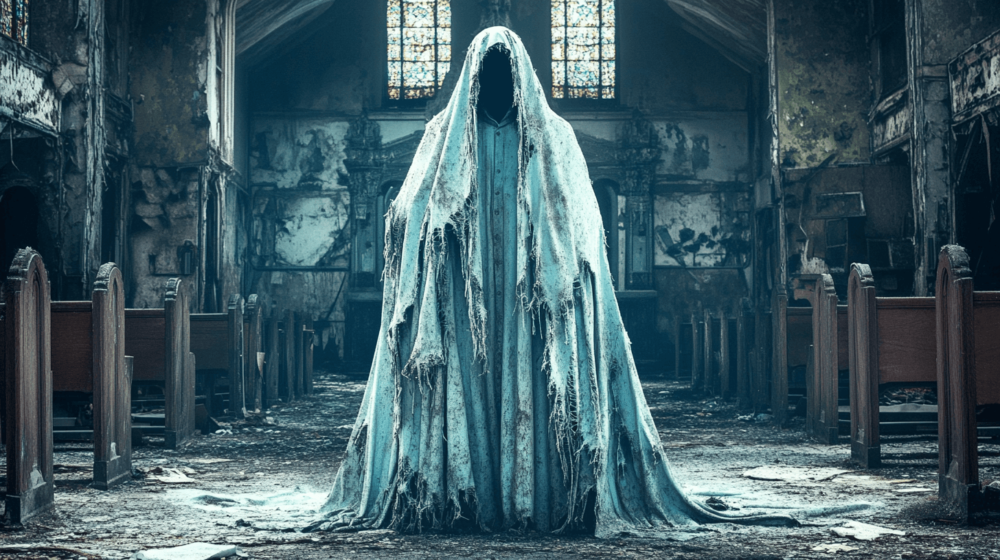AI generated: "A sinister priest standing in a dark, abandoned church. His robes are tattered and covered in dust,...
