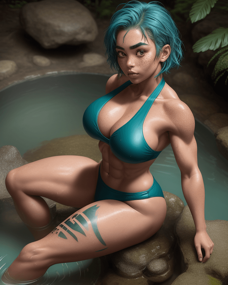 AI generated: dynamic pose, physically fit girl, toned abs, she is sitting on the edge of a hot spring in a forest...