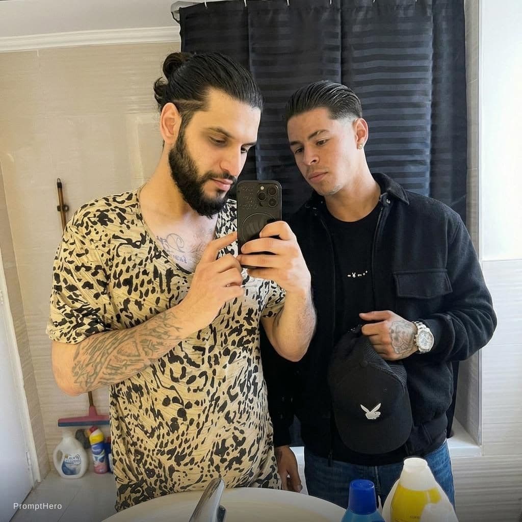 AI generated: Add long man bun to the left side person and remove his Dark circles (under the eyes), don’t change ...
