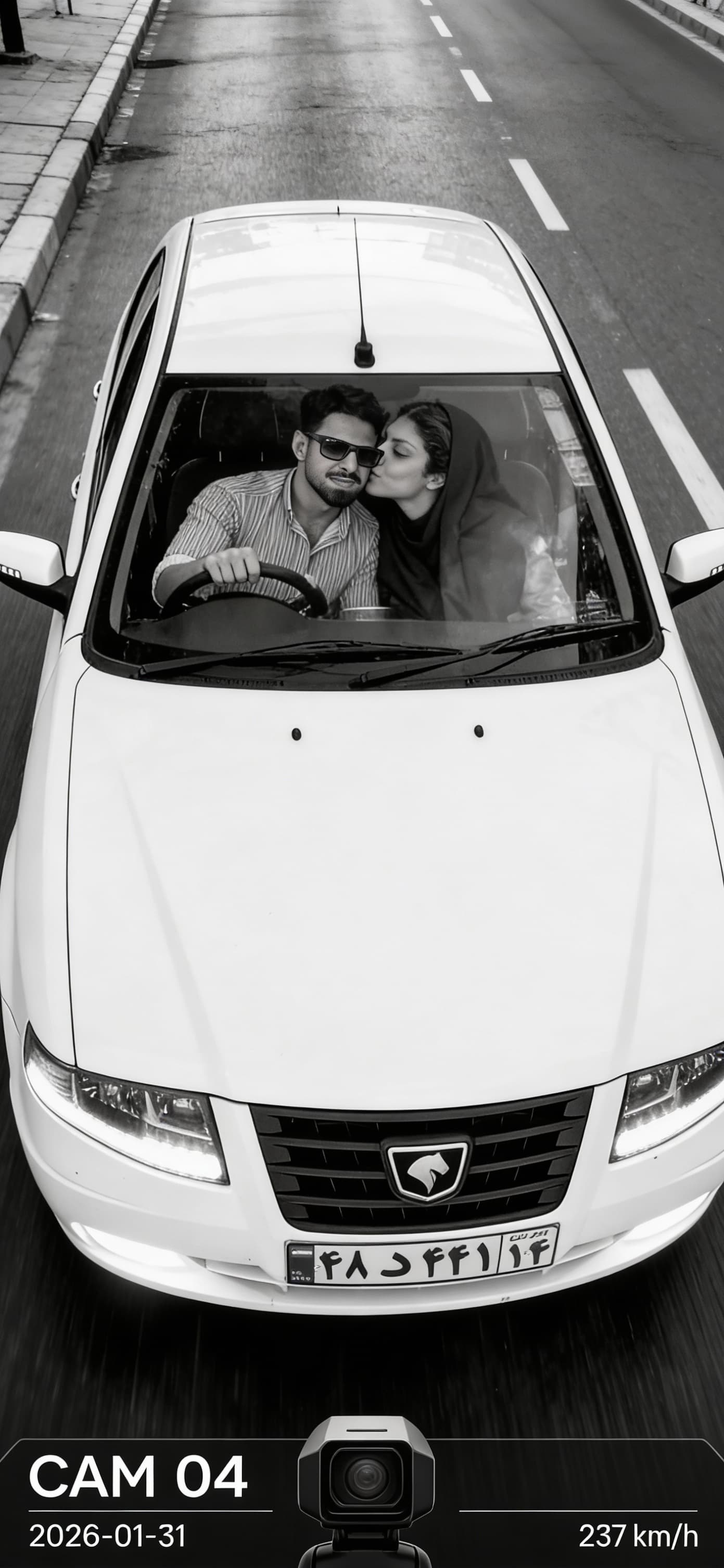 AI generated: Black-and-white photorealistic street shot in the style of a traffic surveillance camera. View stric...