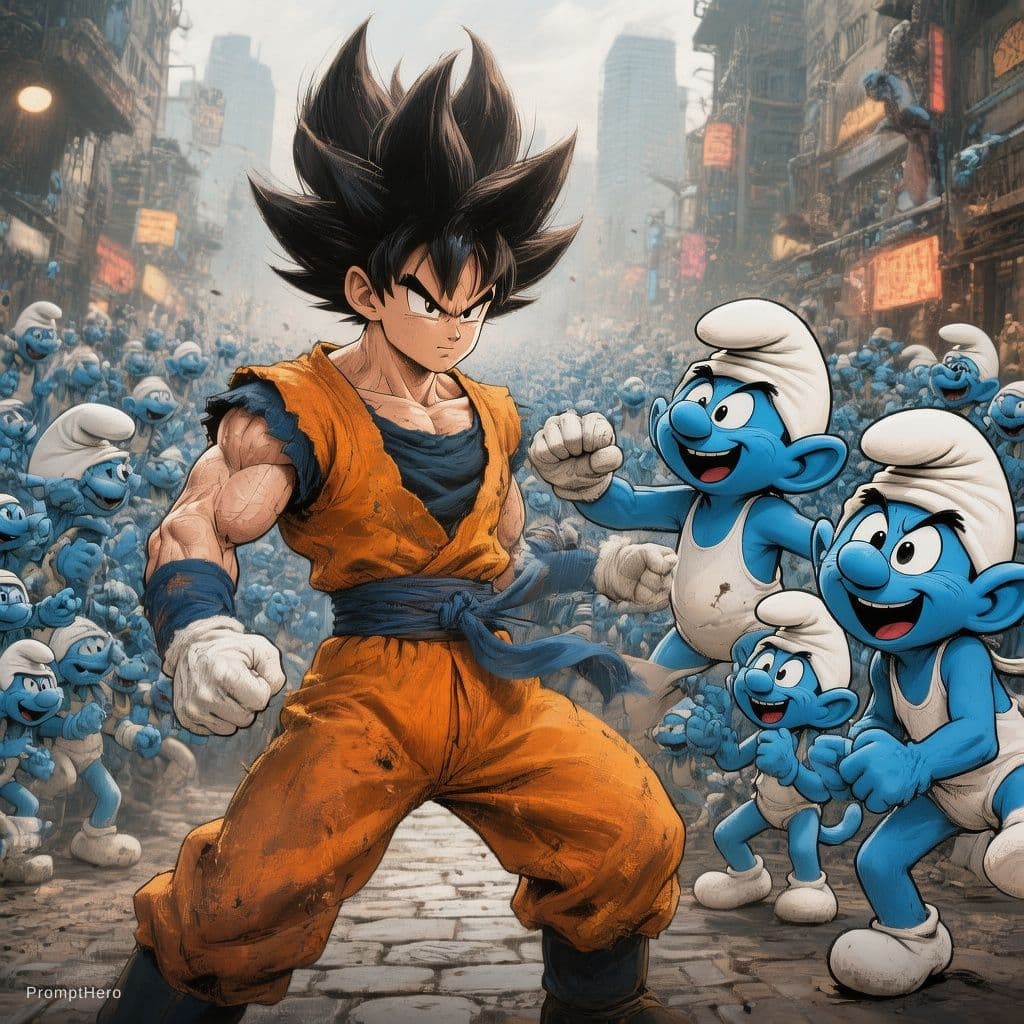 AI generated: goku fughting an army of smurfcats

