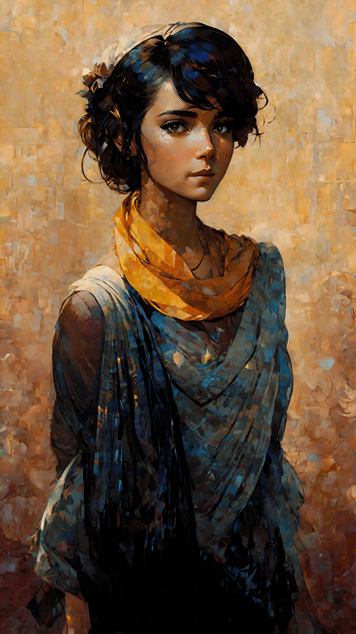 AI generated: a painting of a woman with a scarf on her neck, craig mullins alphonse mucha, artgerm craig mullins,...