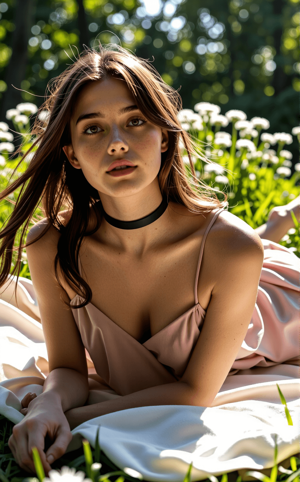 AI generated: A hyper-detailed, cinematic photograph of a young woman with long chestnut hair flowing in loose, su...