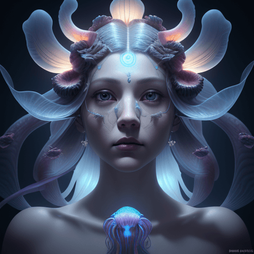 AI generated: Goddess close-up portrait ribcagel. jellyfish phoenix head, nautilus, orchid, skull, betta fish, bio...