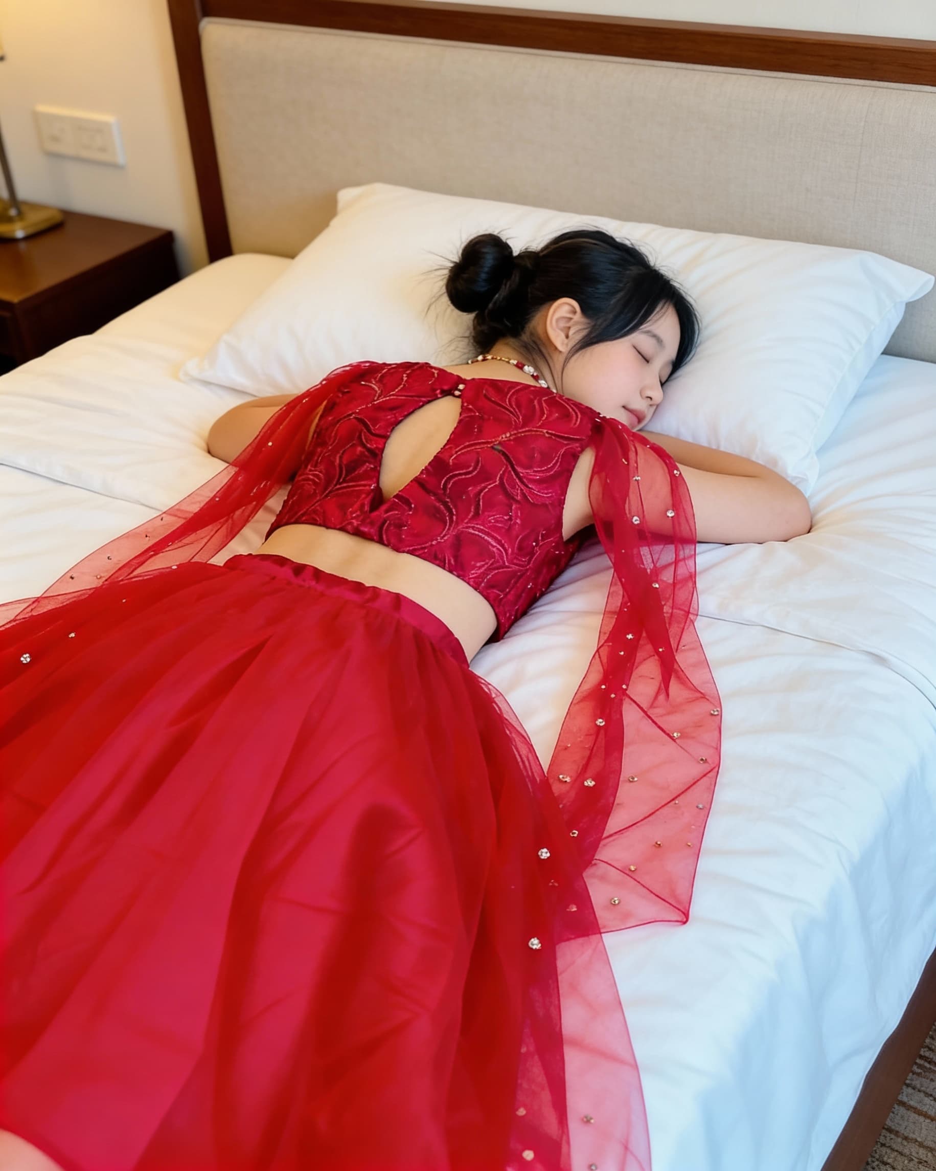 AI generated: This girl is sleeping lying face down on bed 