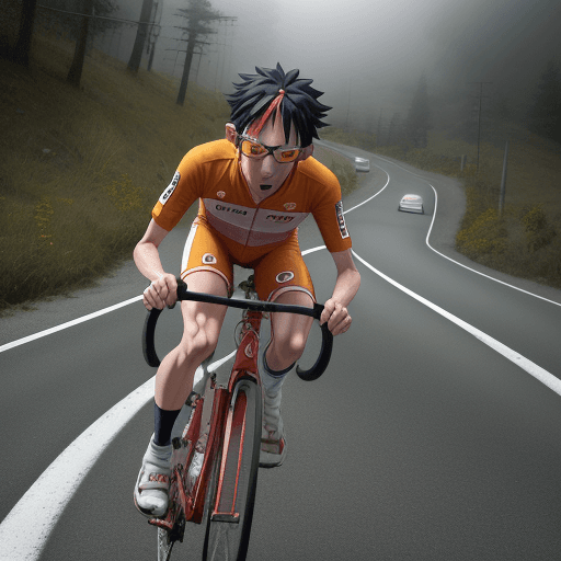 AI generated: Onoda, Yowamushi pedal,cycling, on mountain roads, city roads, busy crawling, congested roads, high ...