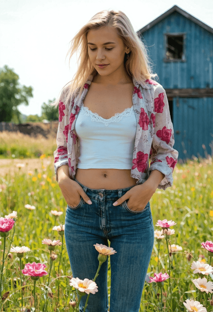 AI generated: A photorealistic full-body portrait of a young Caucasian woman standing casually in a sun-drenched w...