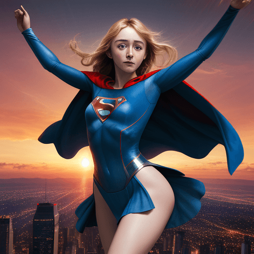 AI generated: High resolution photography Saoirse Ronan as Superwoman, blue leotard, skirt, cape, flying over city...