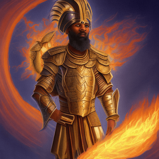 AI generated: An Israelite warrior of color, surrounded by flames, wearing intricate golden armor with no horns on...