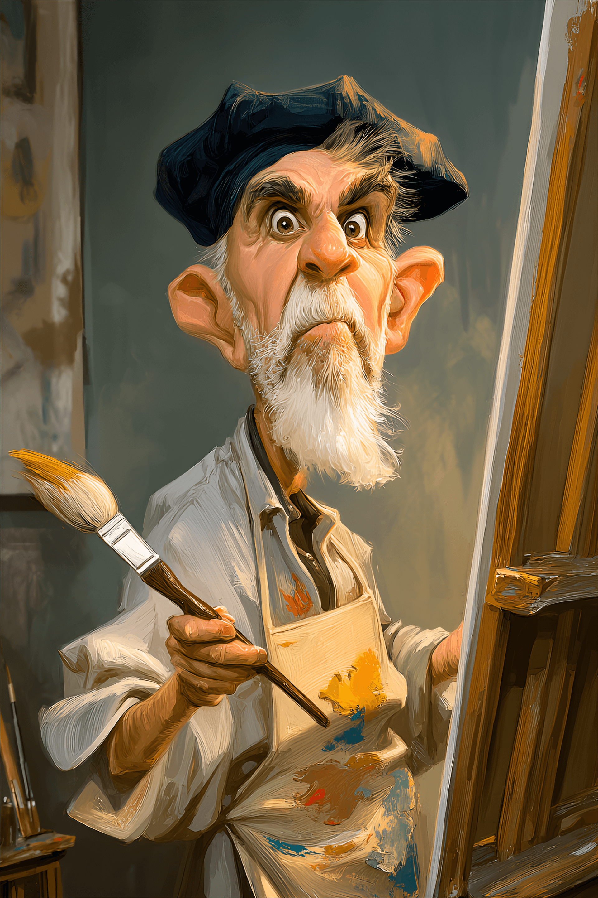 AI generated: funny caricature, famous painter caricature, elderly french male, 70 years old, white beard, artisti...