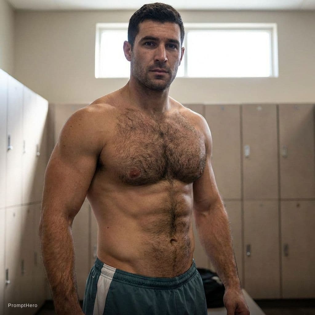 AI generated: Man with muscular body and hairy chest and pubic hair