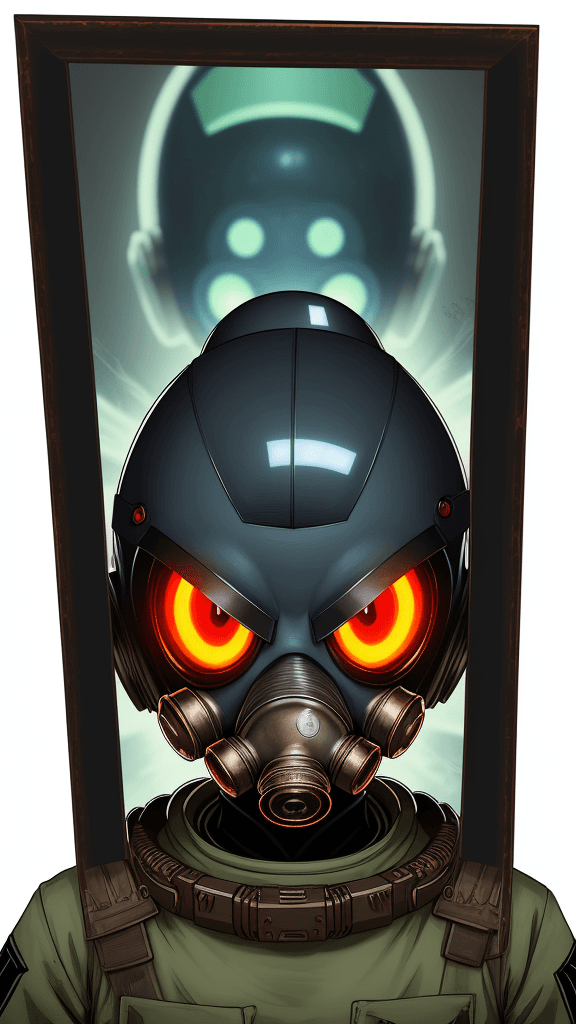 AI generated: mugshot frame photo, portrait of a little mohawk alien. Wearing a gas mask. glowing eyes, illustrati...
