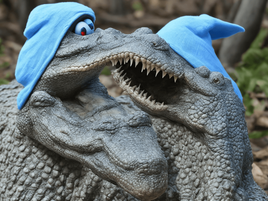 AI generated: An old alligator with long teeth, camouflaged like a smurf and a white tuque on his head.
