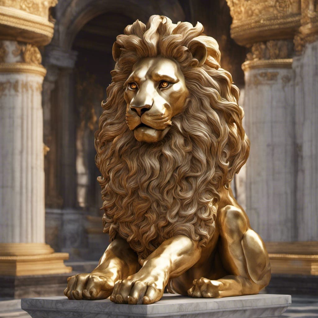 AI generated: gorgeous Lion-Man statue with gold filigree :: carved marble --q 2 --s 3000 --ar 1:2 --uplight, unre...