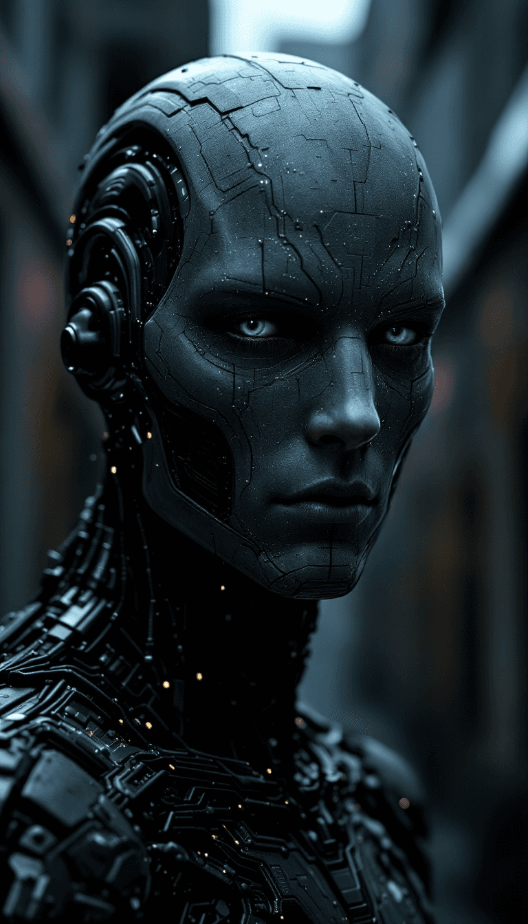 AI generated: A gritty digital photograph showing a cybernetic android designed to mimic a male form in a 2/3 view...