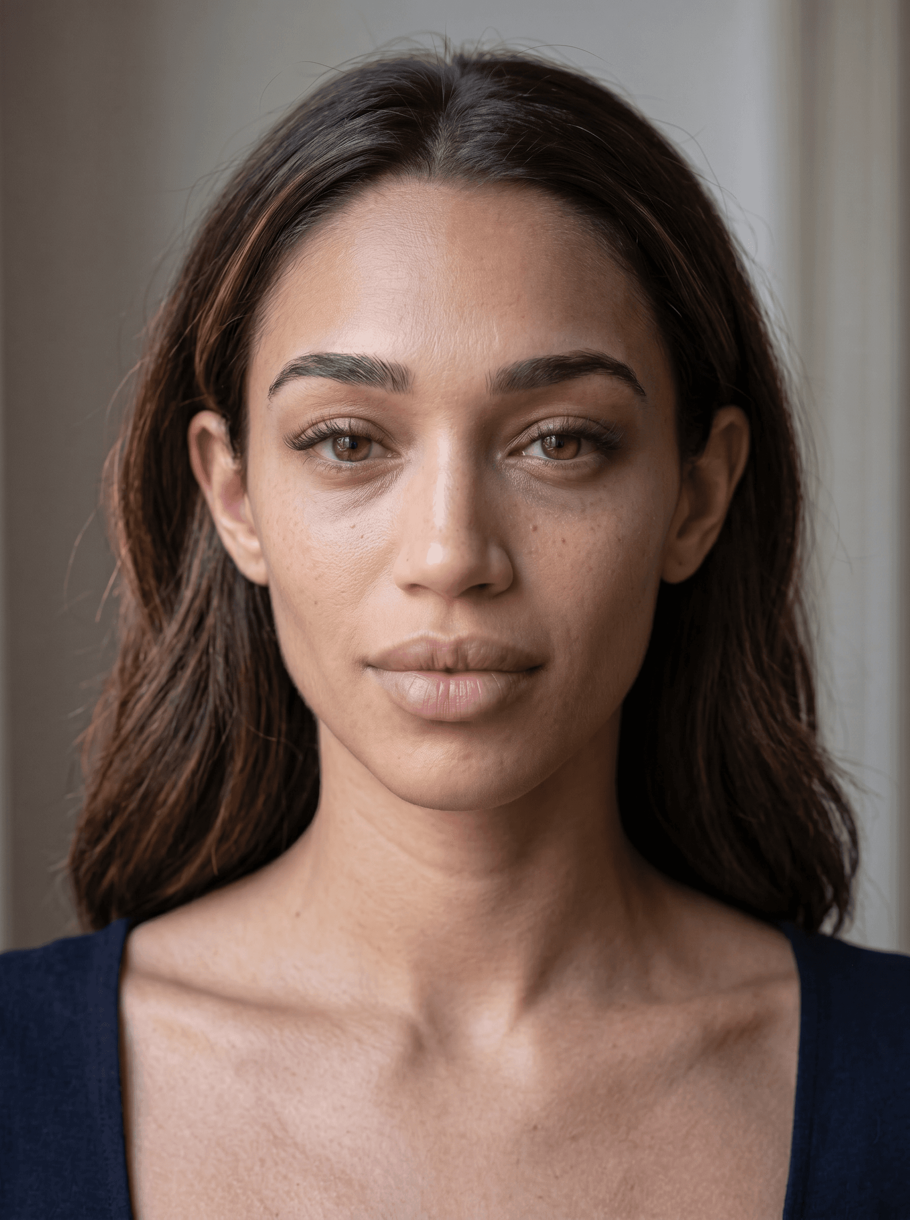 AI generated: micro-texture detail visible on forehead chin and upper lip area, natural skin redness variation aro...