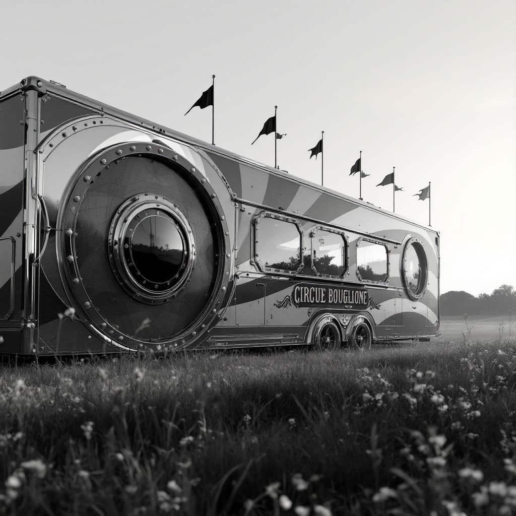 AI generated: Photo of an ultra realistic circus caravan, 
11m long, 
Cirque bouglione marking,
clear light, 
pale...